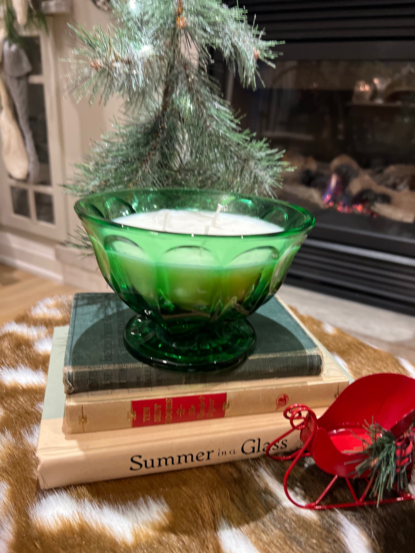 vintage emerald green glass triple wick candle