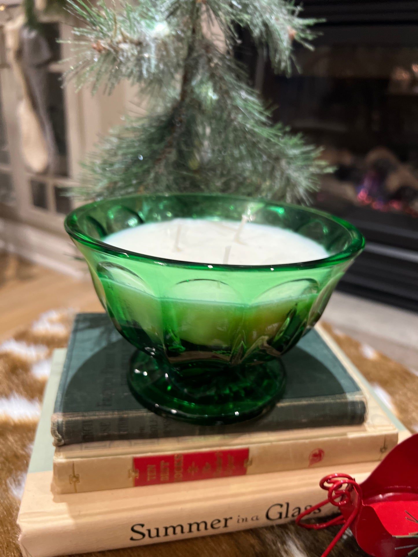 vintage emerald green glass triple wick candle