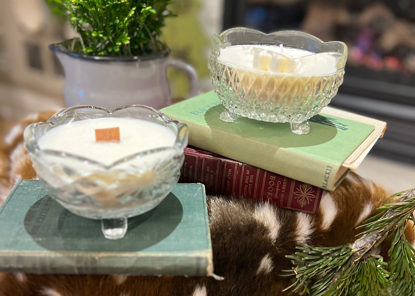 our signature pressed glass candy dish candle