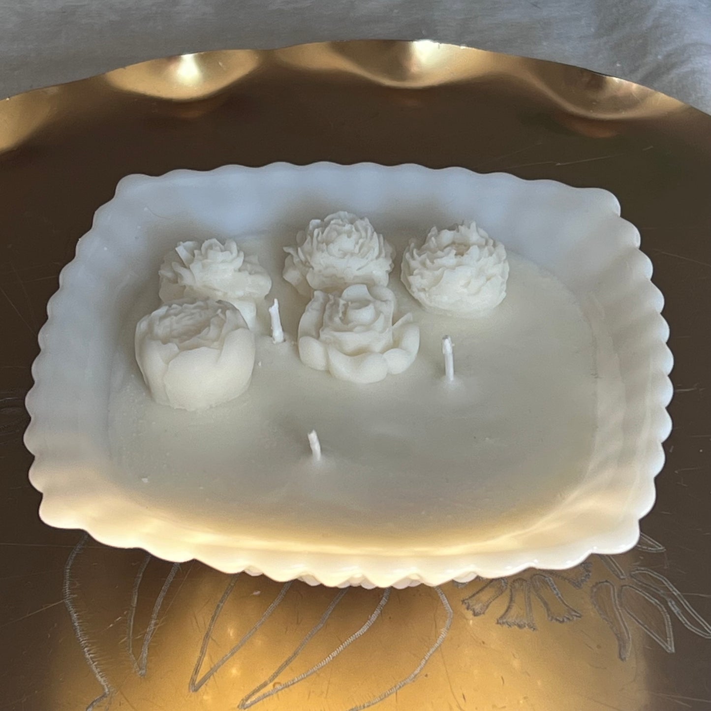 rare square milk glass fleur candle