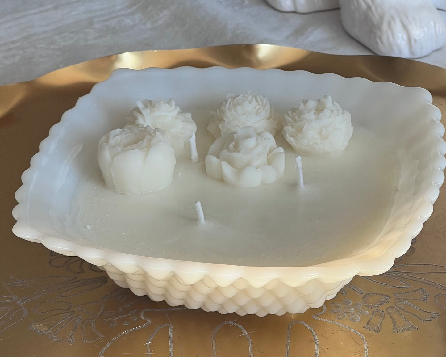 rare square milk glass fleur candle