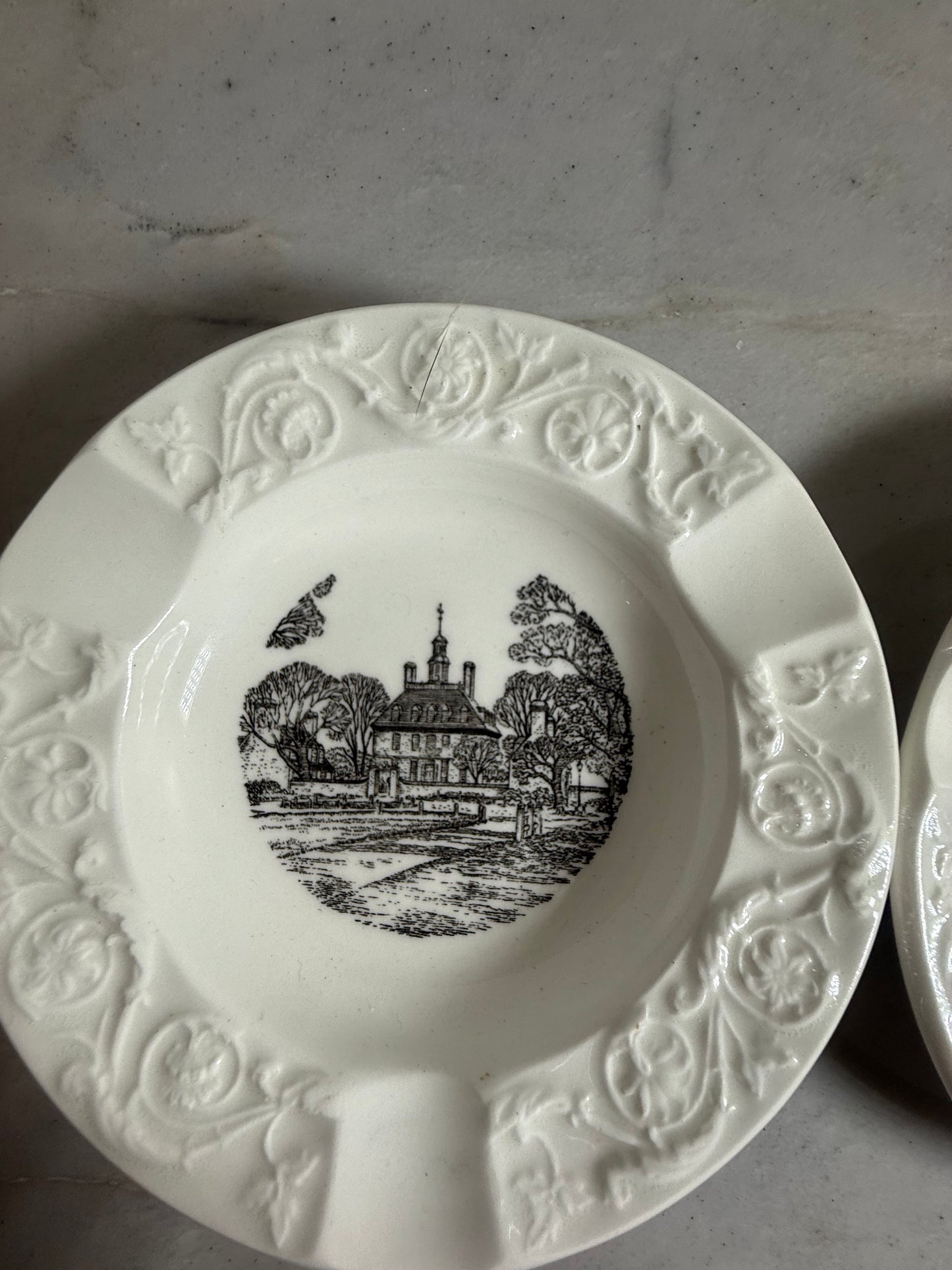 vintage transfer-ware iron stone ash trays, plant or candle base