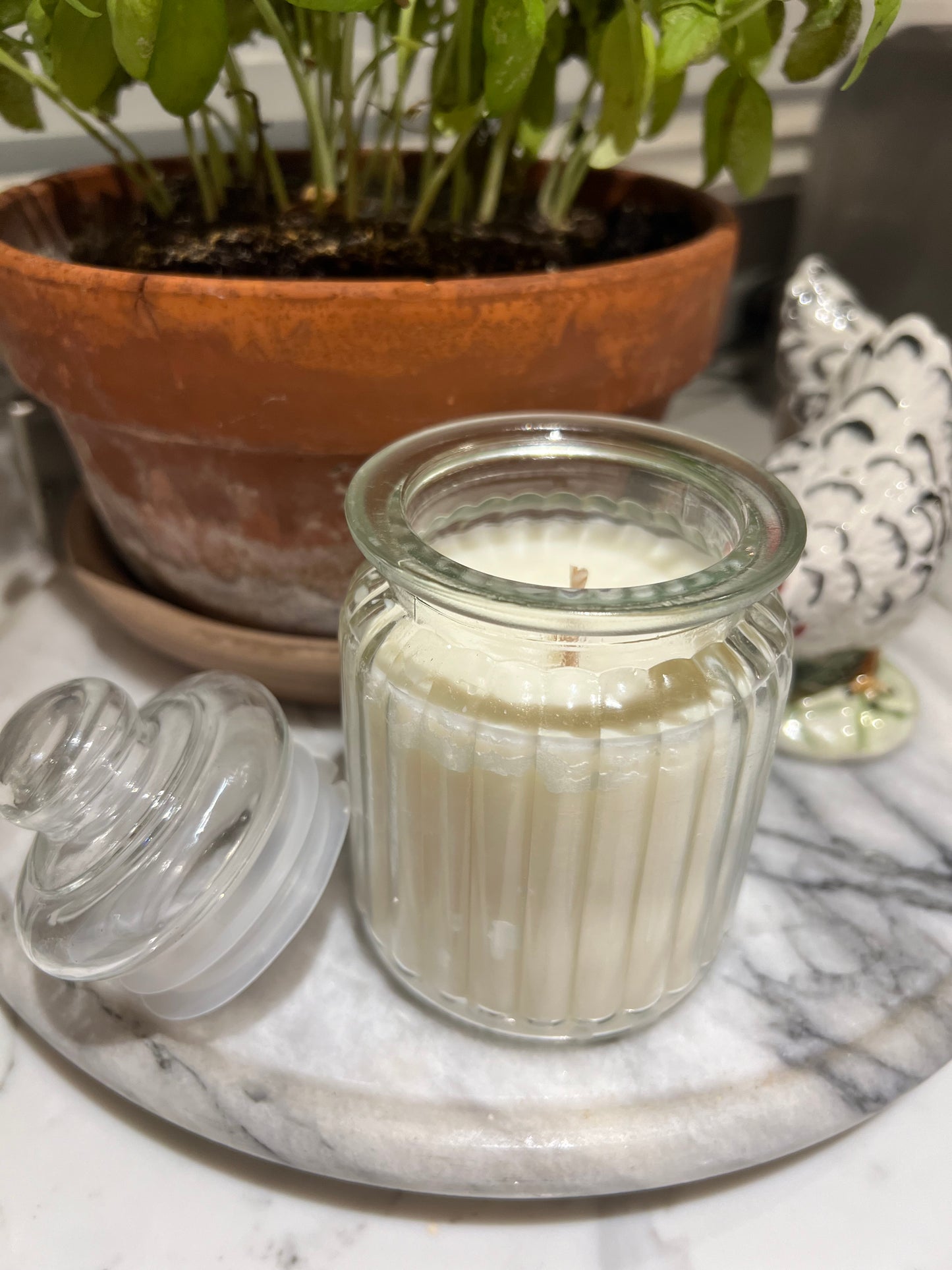 receded glass apothecary jar candle with lid