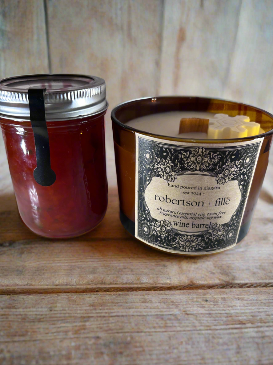 14 oz organic soy wax candle, with seasonal decor detail