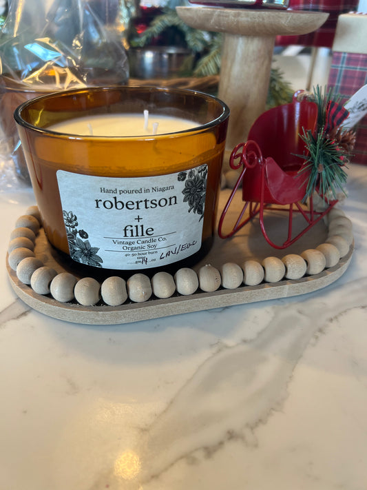 14 oz organic soy wax candle, with seasonal decor detail