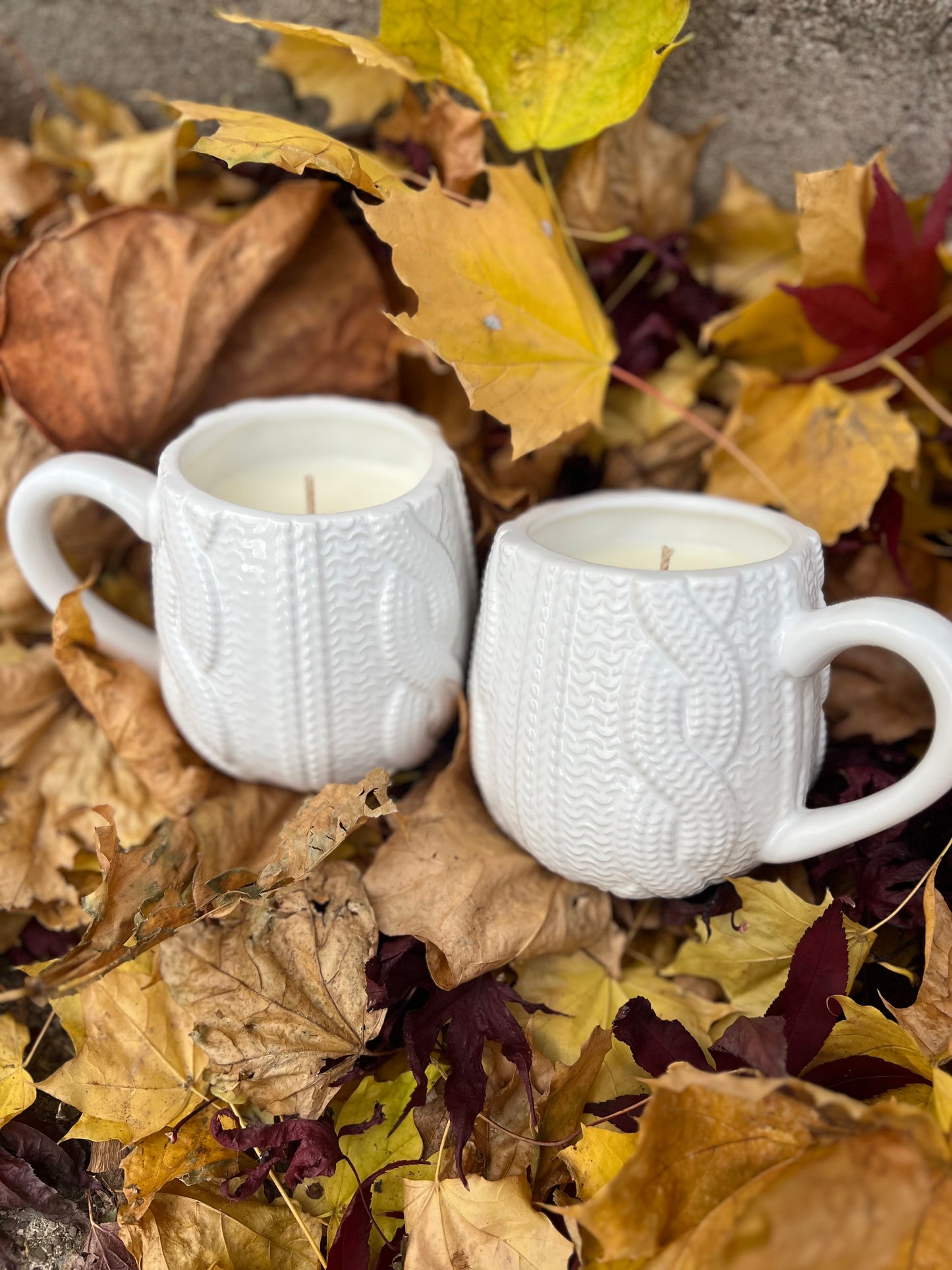 cozy cable knit sweater candle mugs