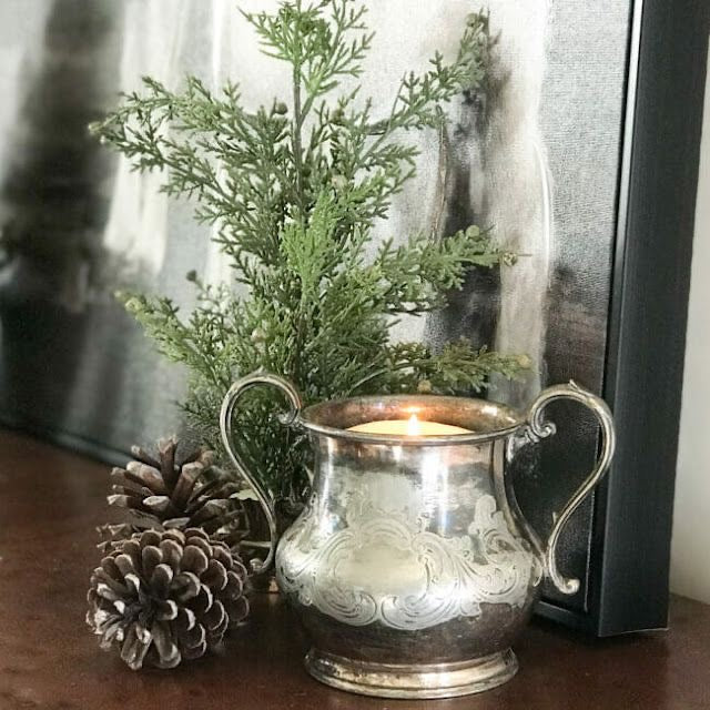 Candles in Vintage silver plate vessels