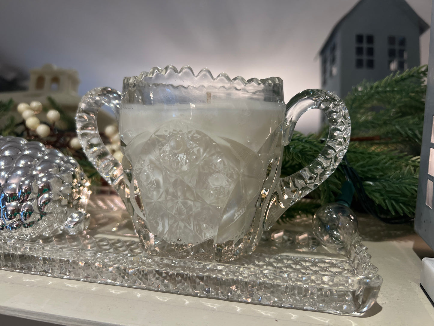 variety of crystal sugar bowls + compote dish candles