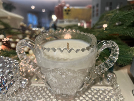 variety of crystal sugar bowls + compote dish candles