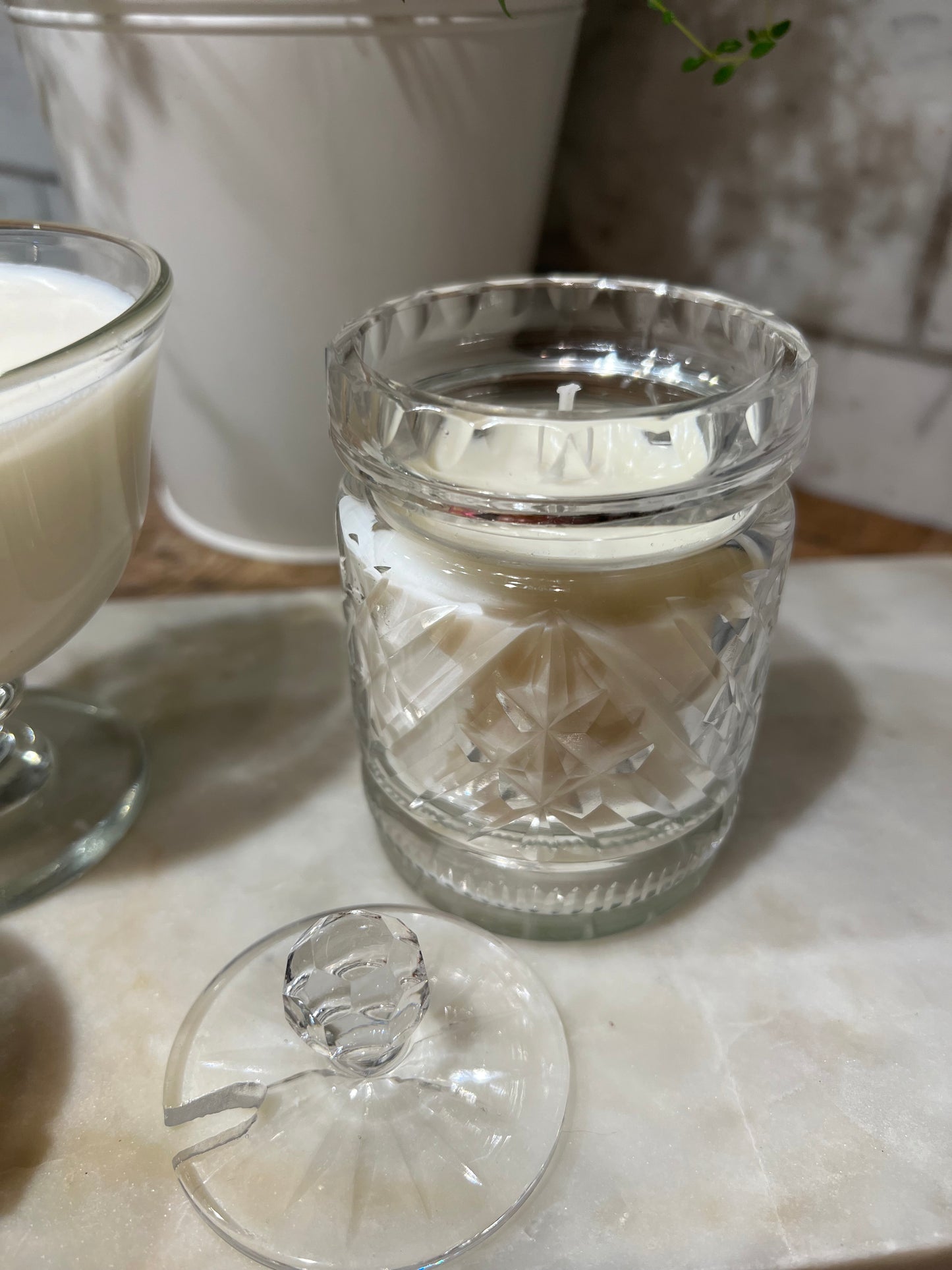 variety of crystal sugar bowls + compote dish candles